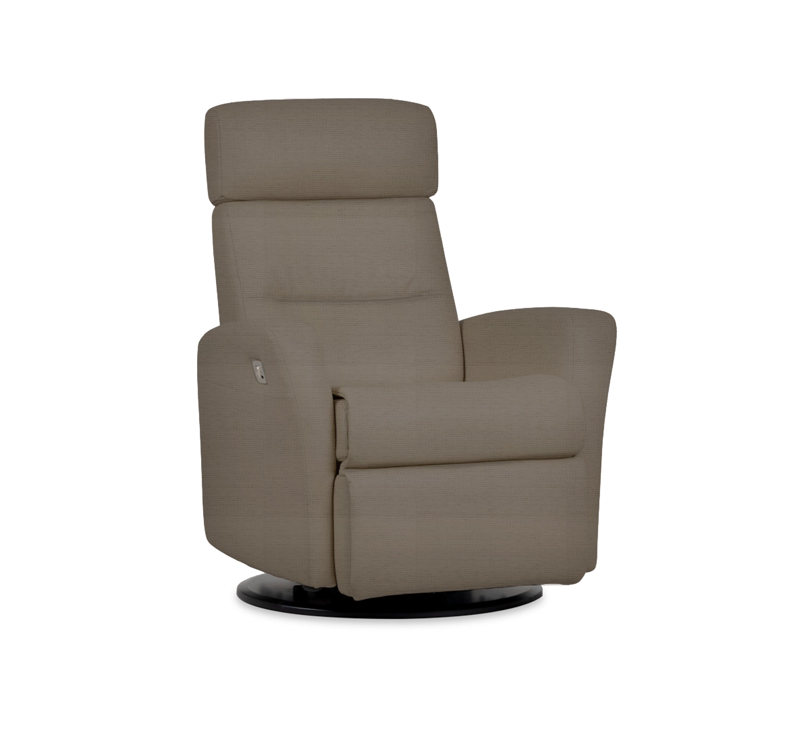 Quarter view of an IMG comfort
divani motorized recliner in echo stone on a white background