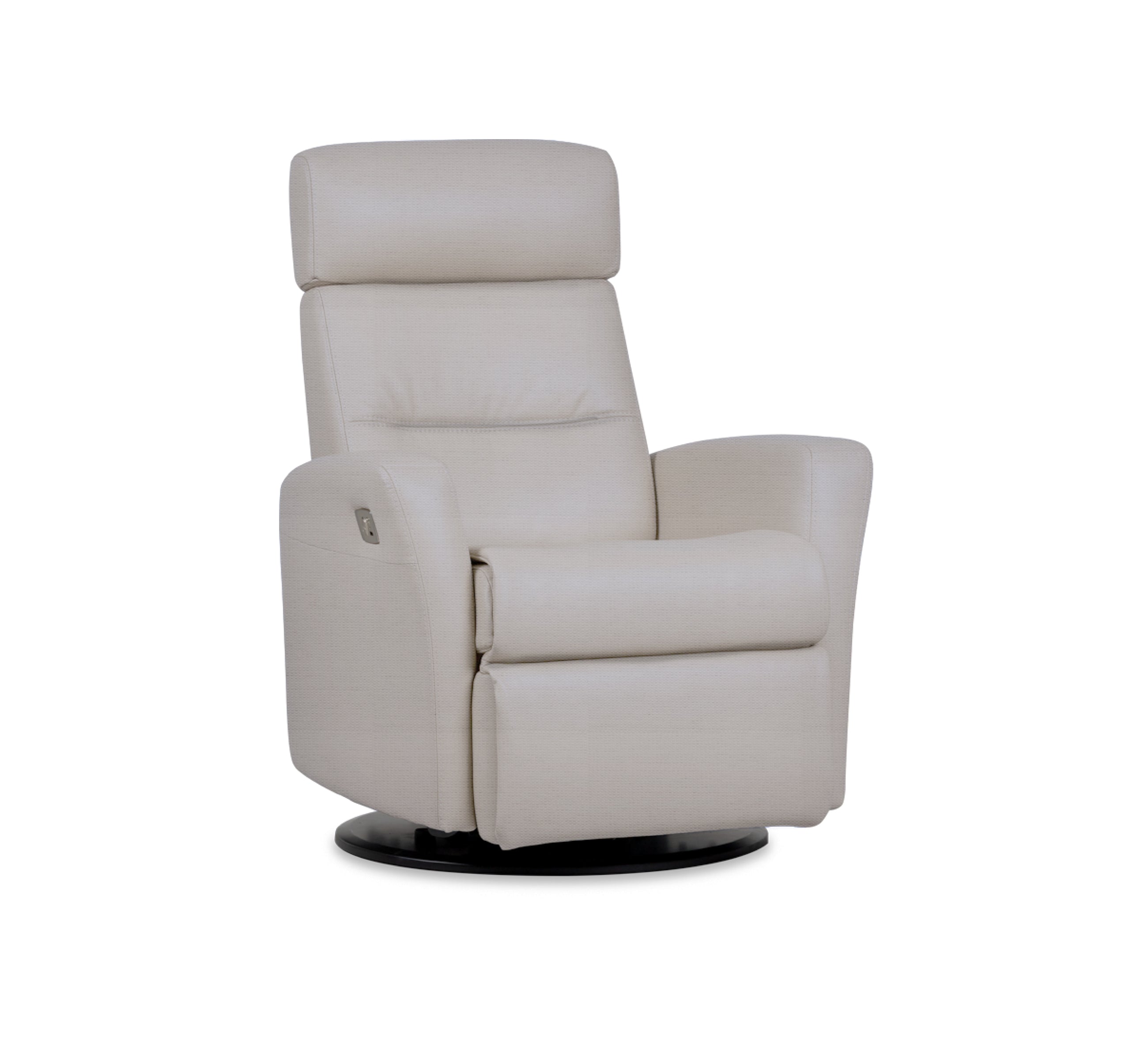 Quarter view of an IMG comfort
divani motorized recliner in echo dove on a white background