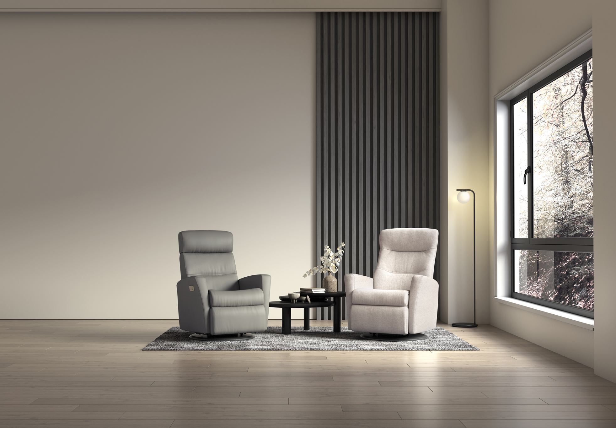 Two IMG comfort divani recliners in a modern living room with a window and lamp.