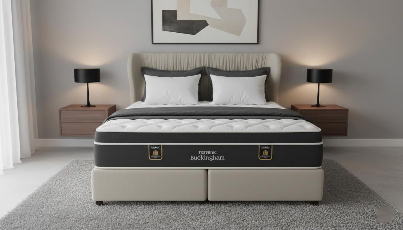 Bed with a Restonic Buckingham mattress from the brand 'Pillow Talk' in a bedroom setting.