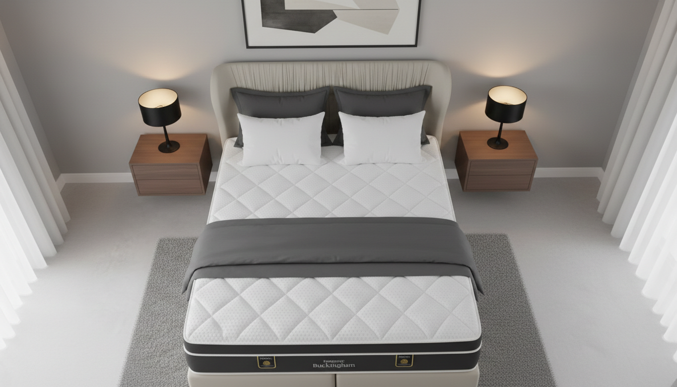 A Restonic Buckingham mattress on a bed in a bedroom setting with nightstands and lamps.