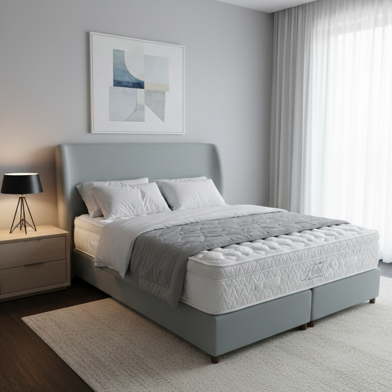 Modern bedroom with a gray upholstered bed, a Restonic Hotel Comfort care mattress, nightstand, and rug.