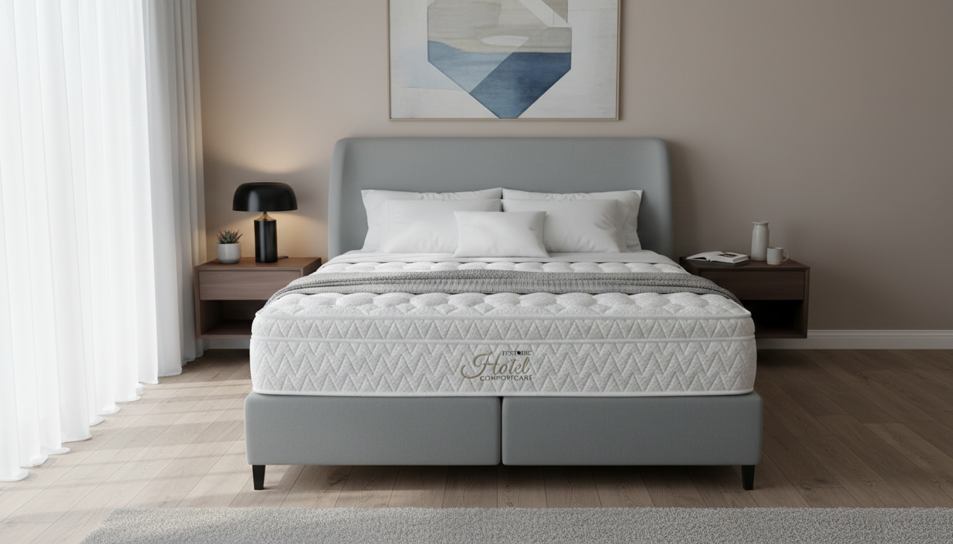 Gray bed with a Restonic Hotel Comfort care mattress in a bedroom setting