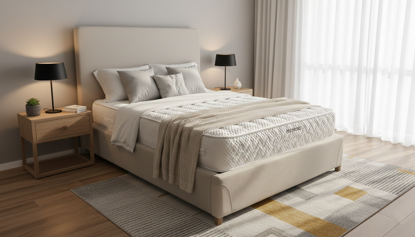 Beige upholstered bed with a Restonic Silver Mattress and white bedding in a bedroom setting.