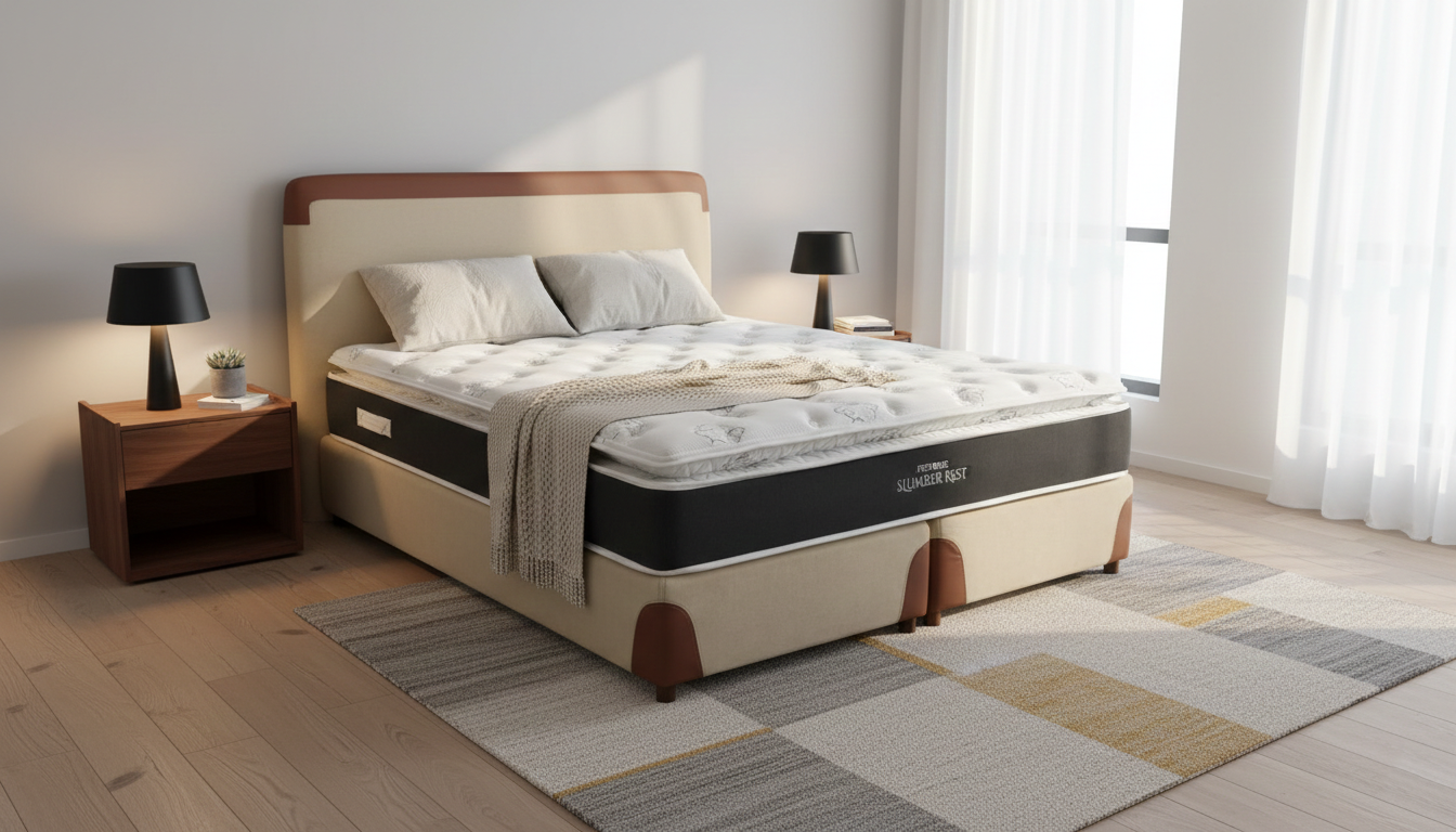 Beige and brown bed with a Restonic Slumber Rest mattress in a room setting