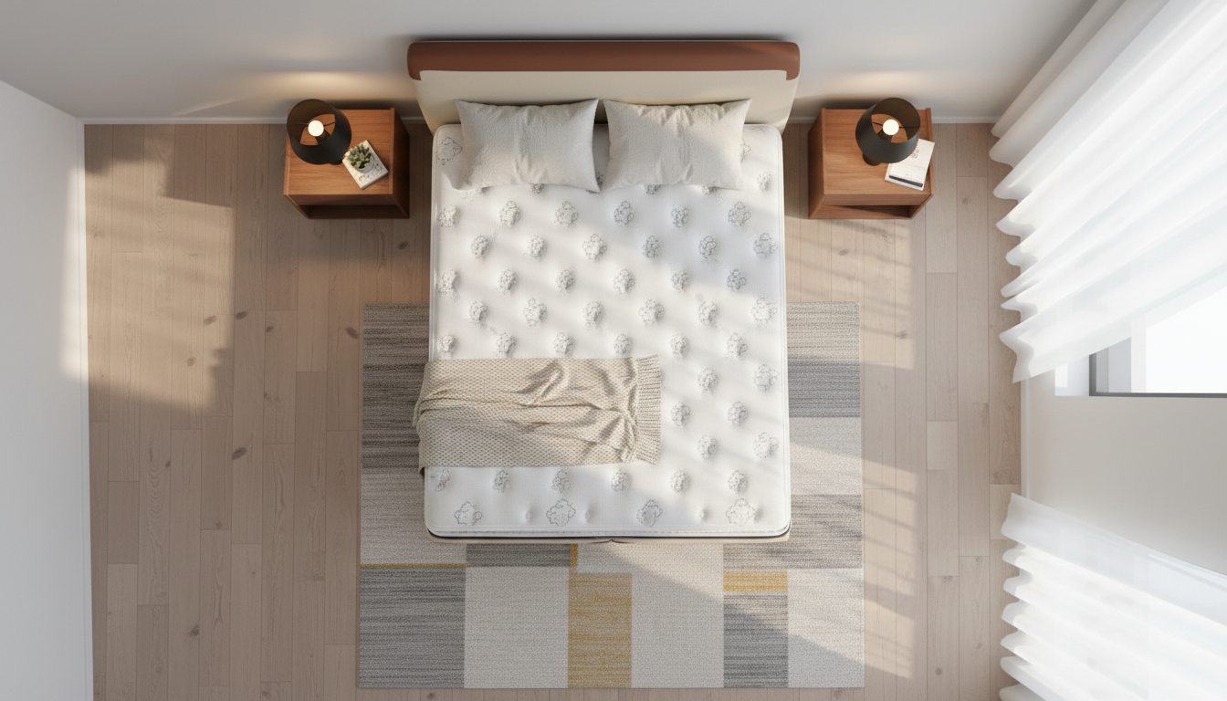 Bed with a Restonic Slumber Rest mattress and wooden headboard in a minimalistic room.