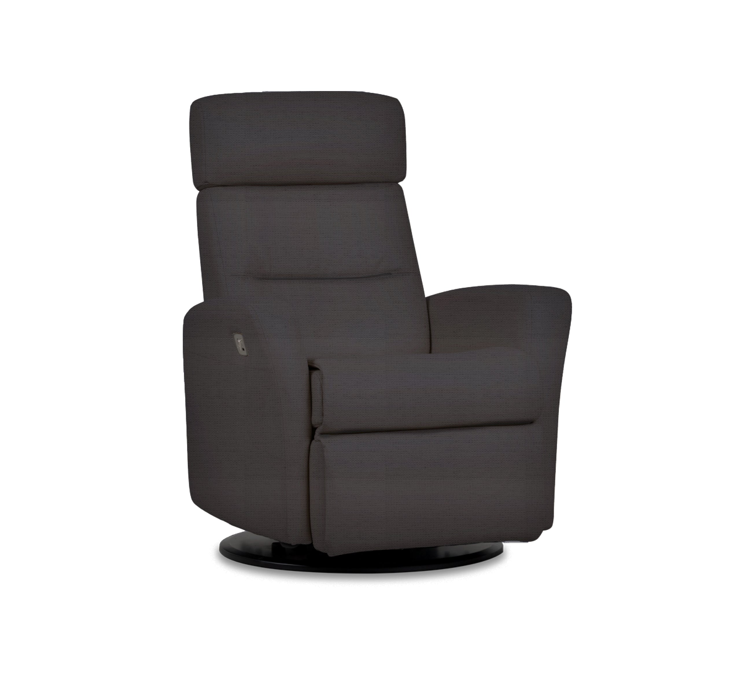 Quarter view of an IMG comfort 
divani motorized recliner in echo licorice on a white background