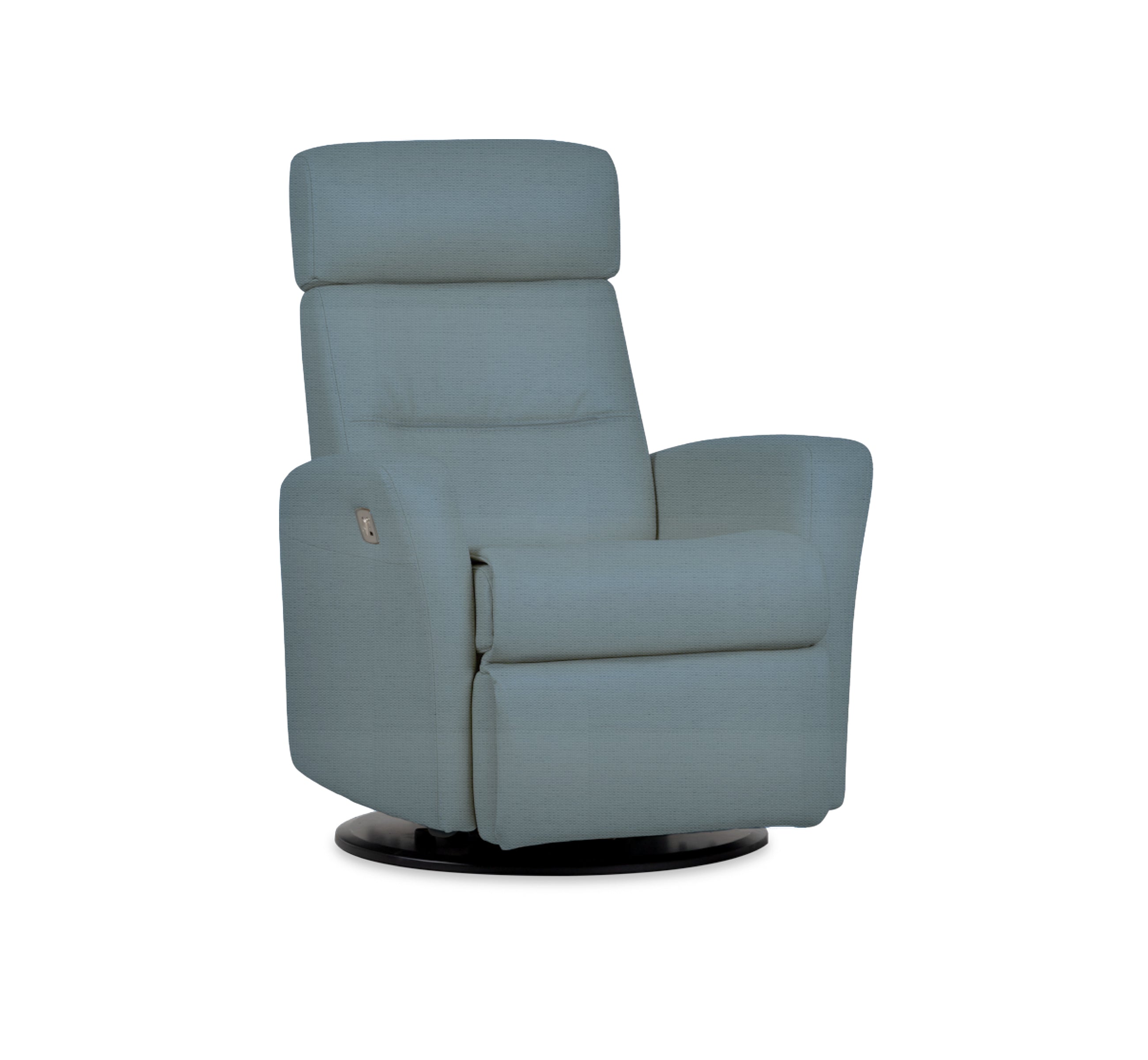 Quarter view of an IMG comfort 
divani motorized recliner in echo mint on a white background