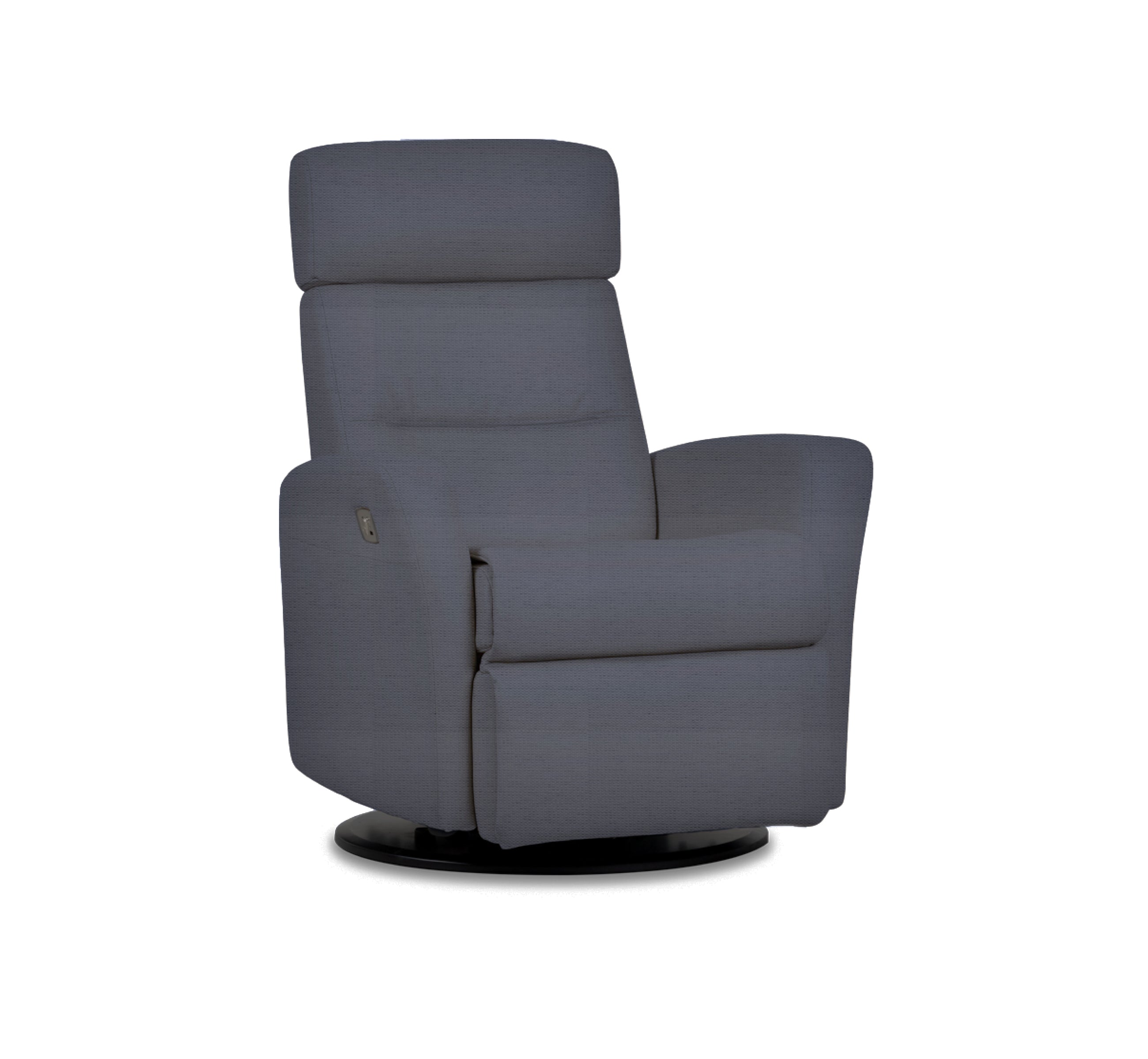 Quarter view of an IMG comfort 
divani motorized recliner in echo slate on a white background