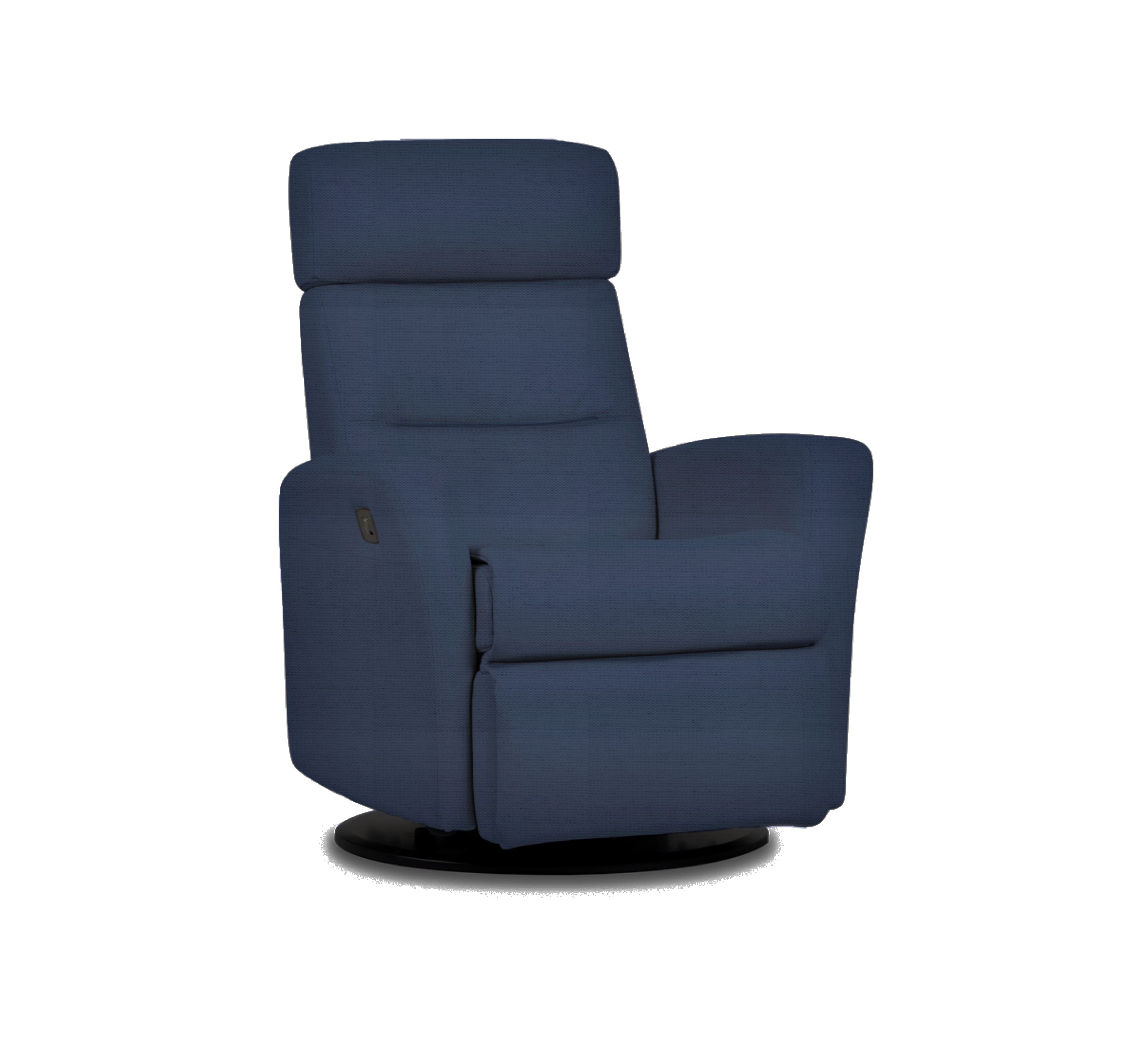 Quarter view of an IMG comfort 
divani motorized recliner in echo midnight on a white background