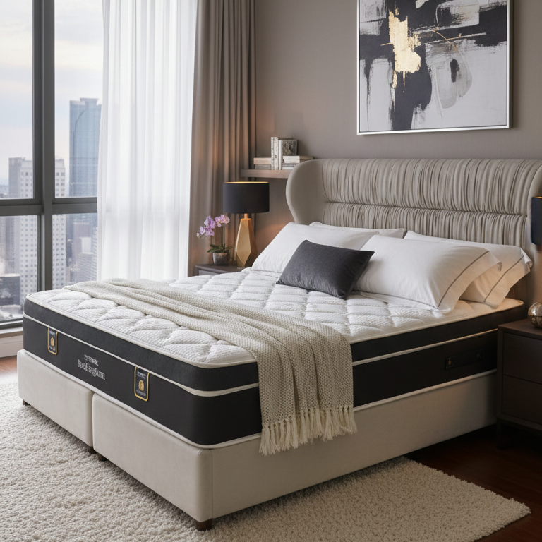 Modern bedroom with a bed with a Restonic Buckingham mattress, rug, and cityscape view