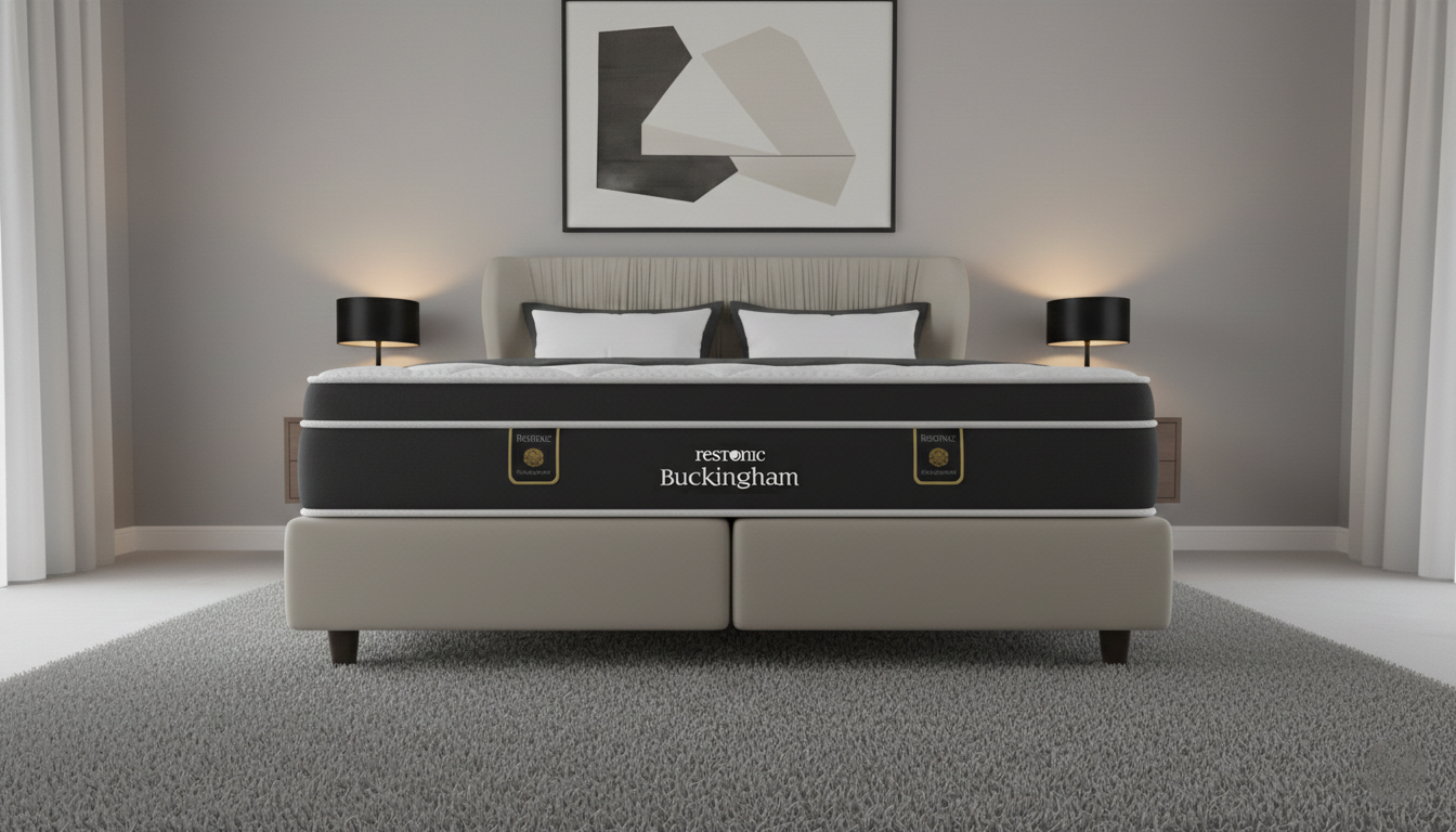 Bed with a Restonic Buckingham mattress in a bedroom setting