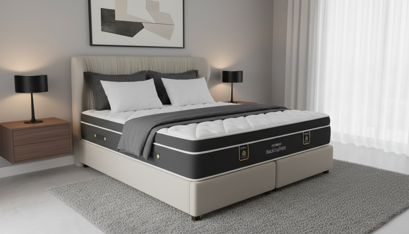 Bed with a Restonic Buckingham mattress in a bedroom setting