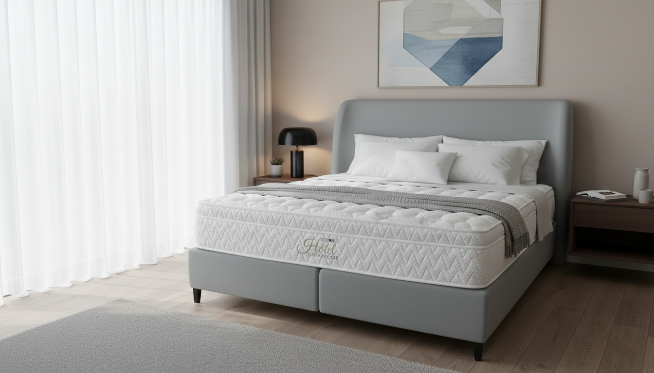 Restonic Hotel Comfort care mattress on a bed in a bedroom with light decor