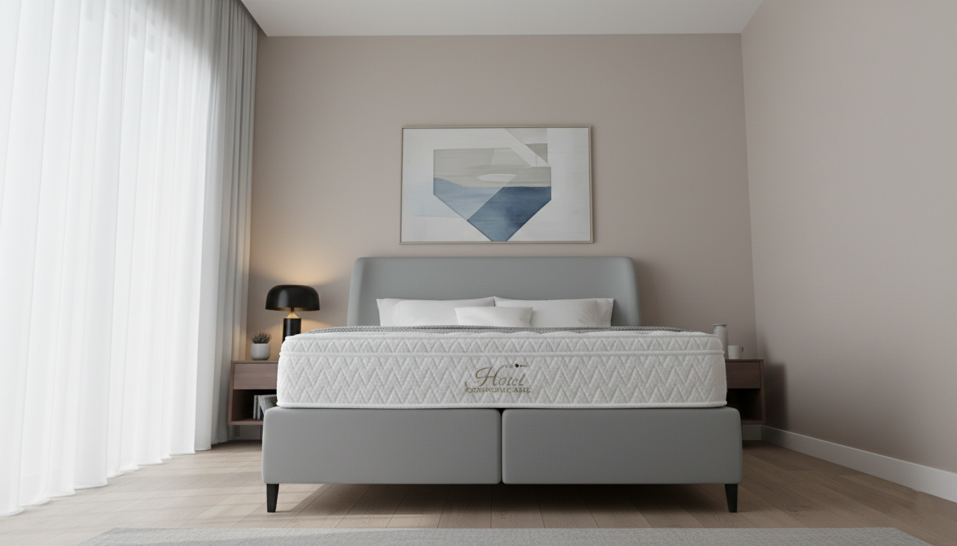 Restonic Hotel Comfort care mattress on a bed frame in a bedroom with neutral decor