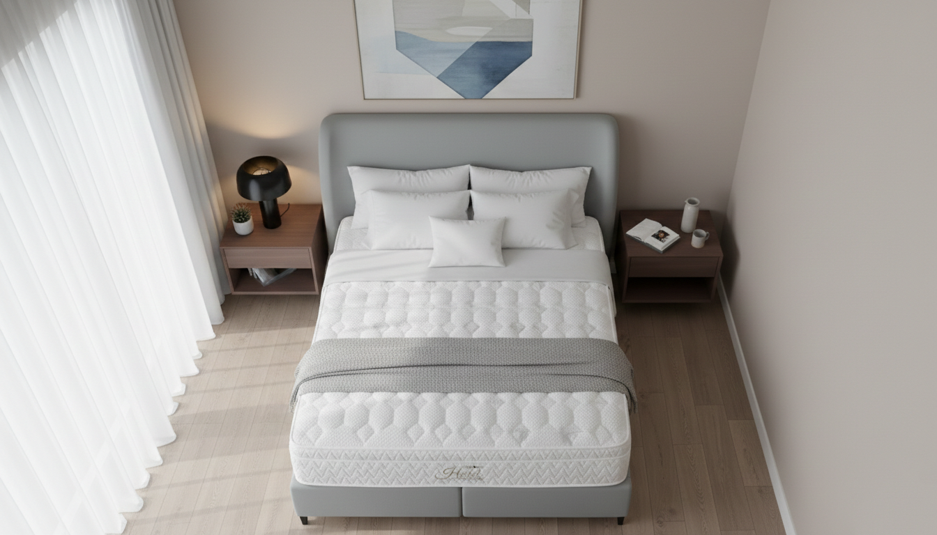 Bedroom with a gray bed frame and a Restonic Hotel Comfort care mattress, nightstands, and decor.