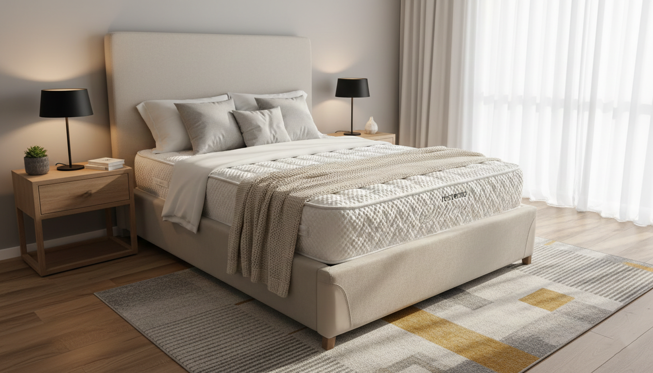 Beige bed with matching headboard with a Restonic Silver Mattress in a well-lit bedroom with a 