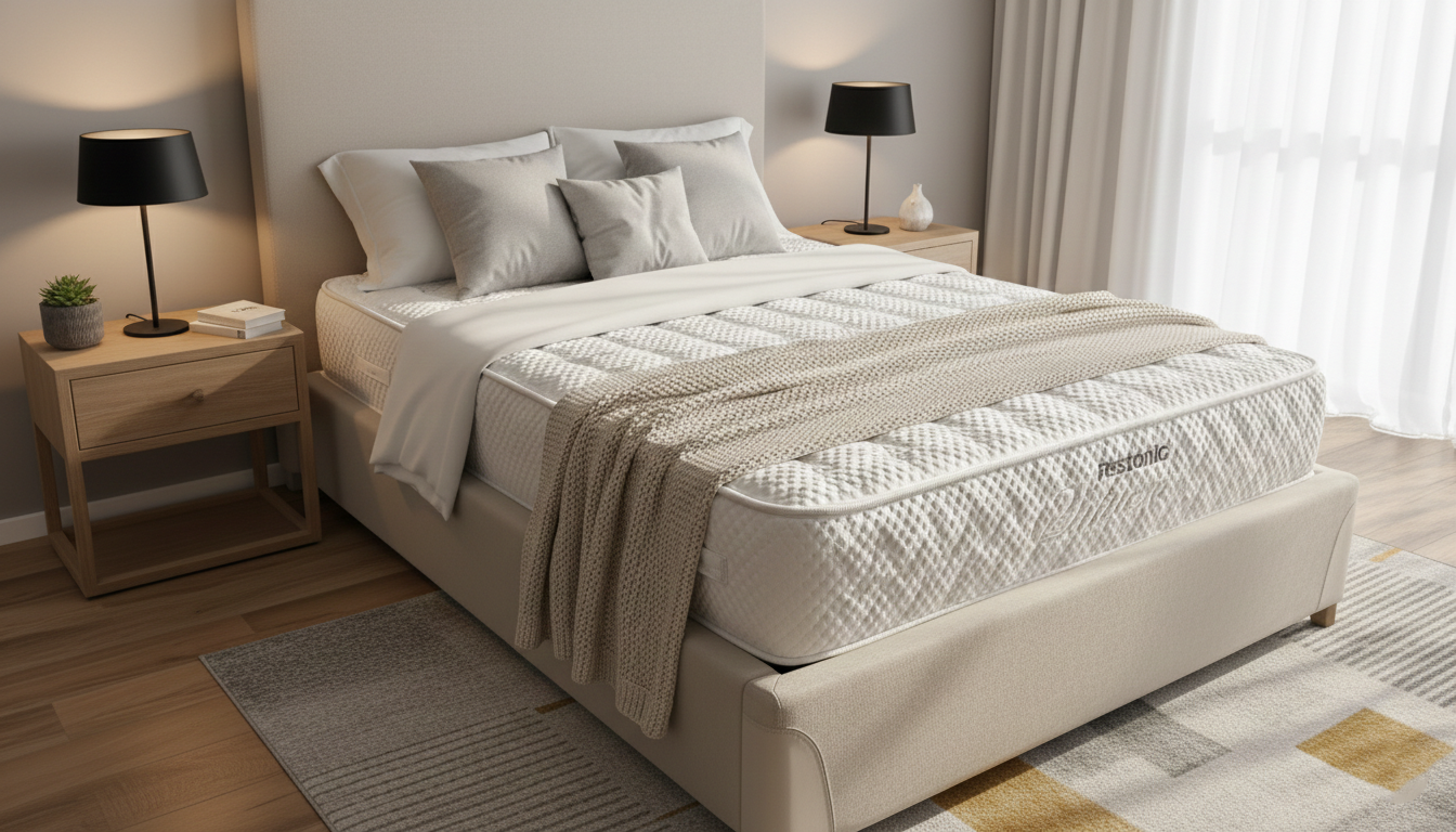 Bedroom with a bed featuring a Restonic Silver Mattress and bedding, flanked by nightstands with lamps.