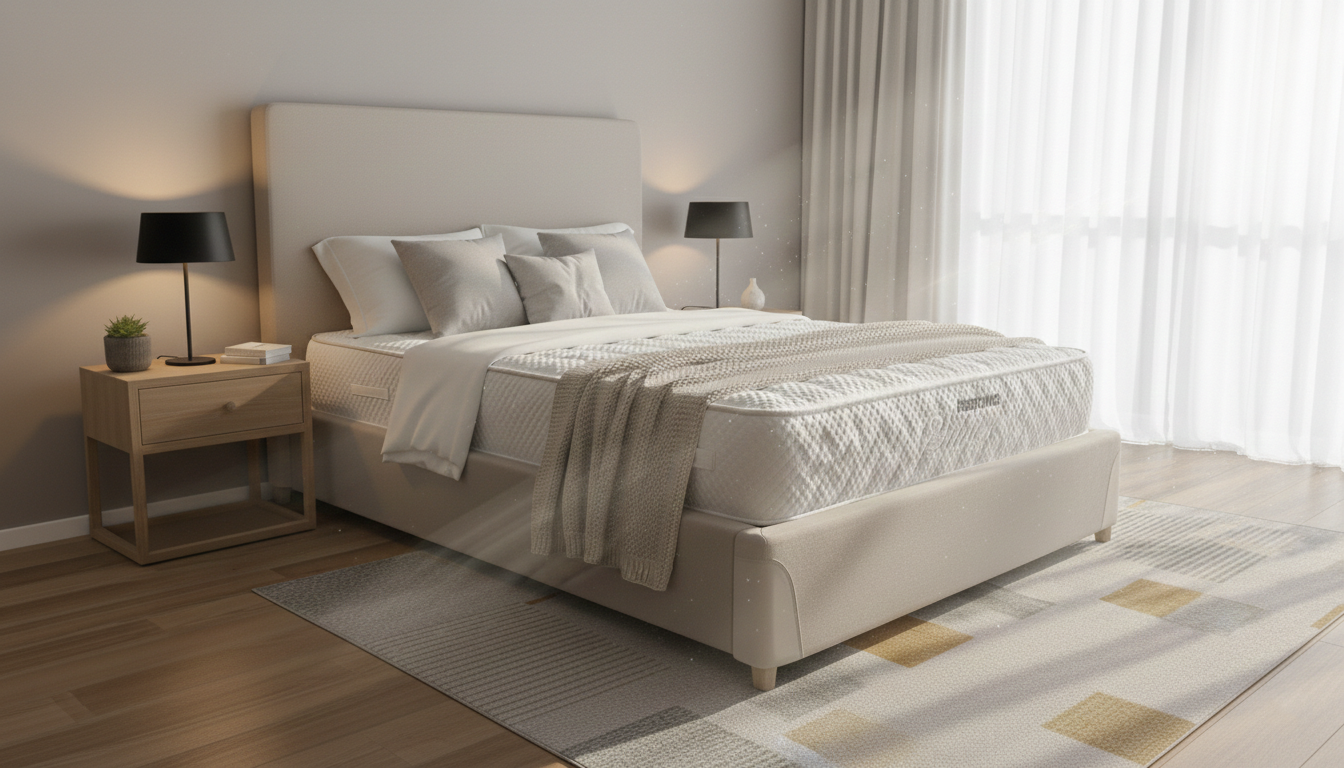Beige bed equipped with a Restonic Silver Mattress with pillows and a blanket in a well-lit bedroom.