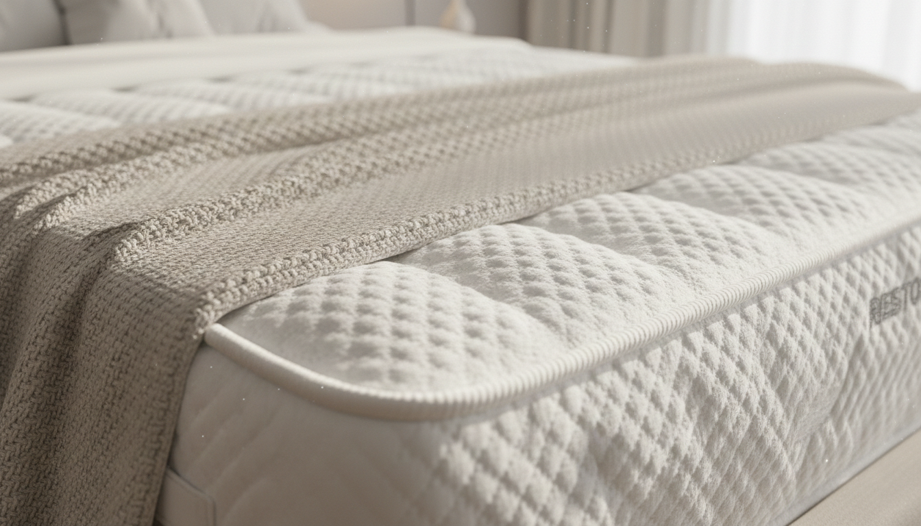 close up of a Restonic Silver Mattress with textured cover on a bed