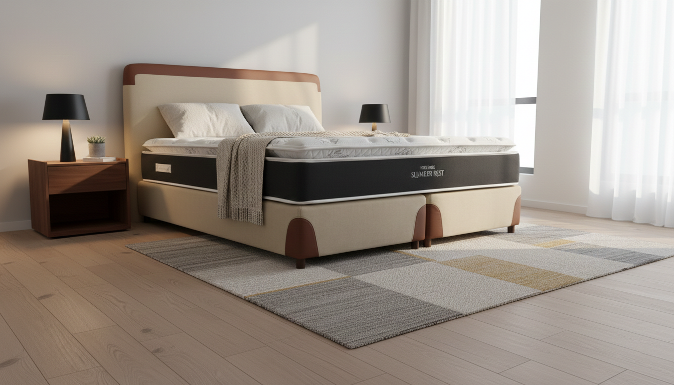 Bed with a Restonic Slumber Rest mattress in a bedroom setting
