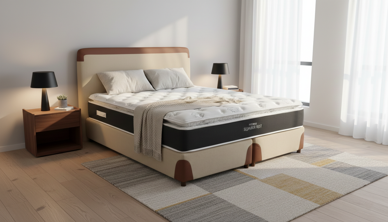 Beige and brown bed with Restonic Slumber Rest mattress in a bedroom setting