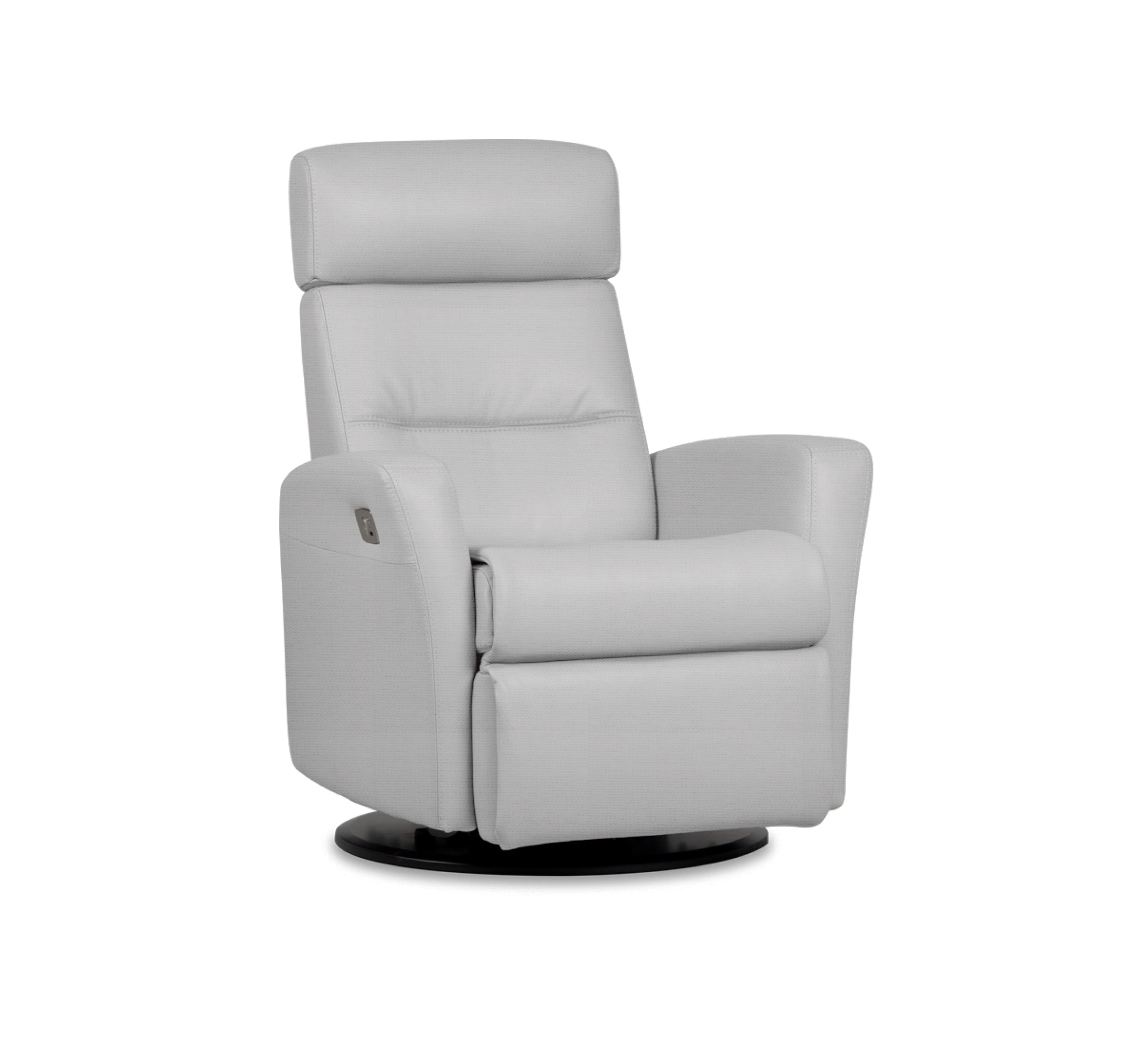 Quarter view of an IMG comfort 
divani motorized recliner in villa dove on a white background