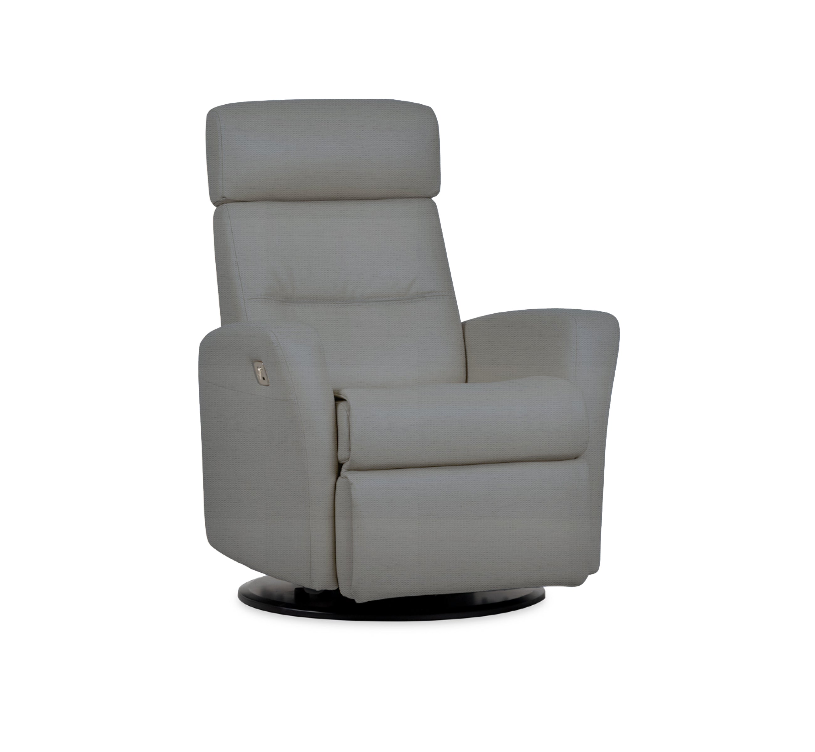 Quarter view of an IMG comfort 
divani motorized recliner in villa platinum on a white background