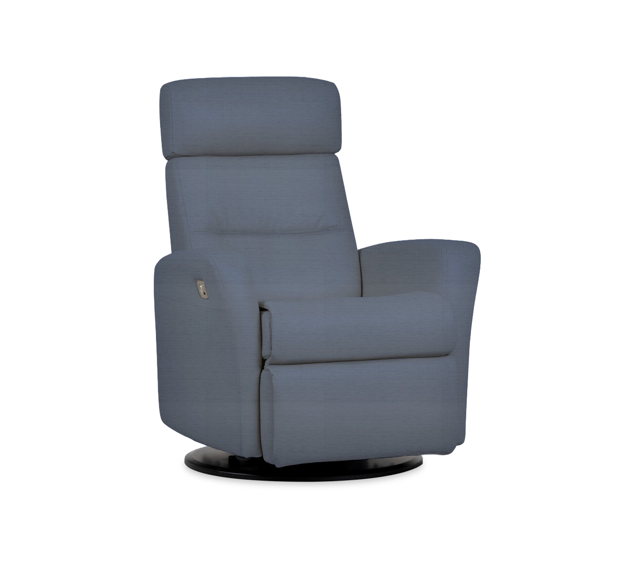 Quarter view of an IMG comfort 
divani motorized recliner in villa slate on a white background